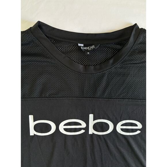 Bebe Sport Crop Top Relaxed Fit Black Shirt Spellout Logo Mesh Panel Size Medium - Picture 10 of 15